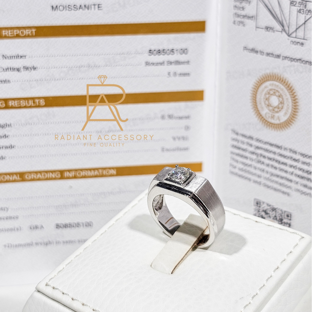 แหวนเงินแท้ ชุบทองคำขาว แหวนชาย ฝังเพชร Moissanite 0.5 กะรัต