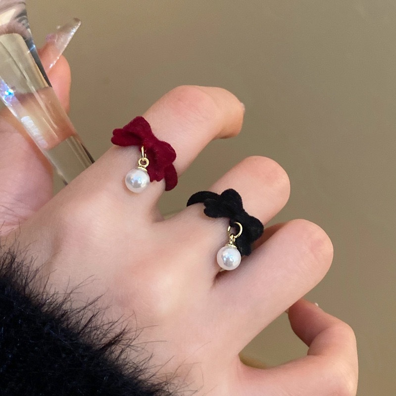แหวนแฟชั่น ประดับโบว์ ไข่มุก สีแดง ปรับได้ สไตล์เกาหลี สําหรับผู้หญิง