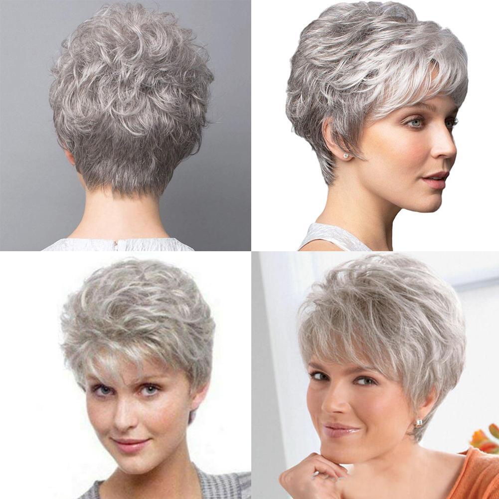 ใหม่ วิกผมสั้น หยิกธรรมชาติ สีเทา สีเงิน แฟชั่นสําหรับผู้หญิง X4M8