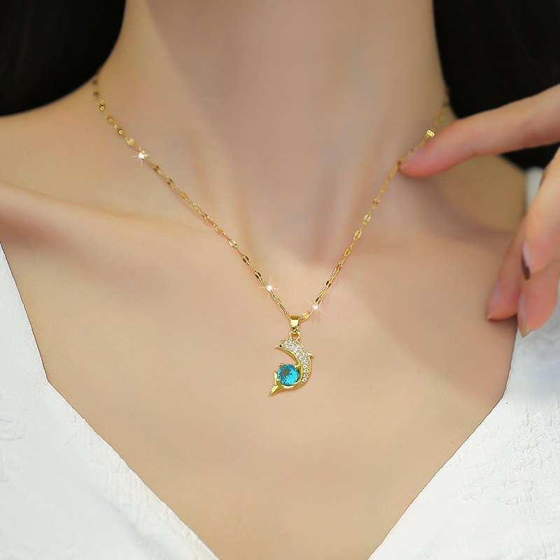 ⭐Y.H⭐ ปลาโลมาเพชร สีทอง 18K สร้อยคอสแตนเลส จี้ทองแดง