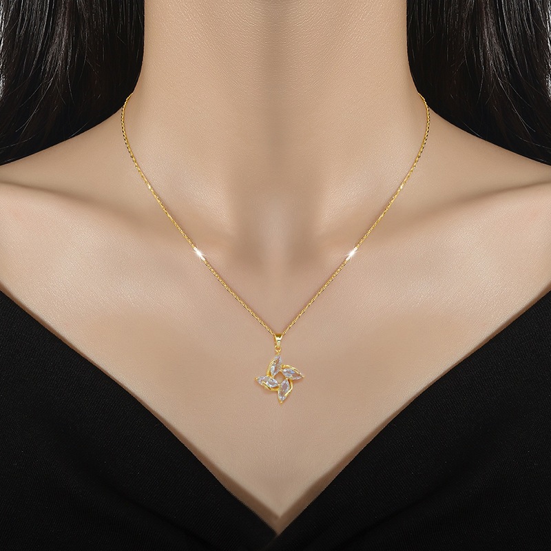 ⭐Y.H⭐เพชร กังหันลม สีทอง 18K สร้อยคอสแตนเลส