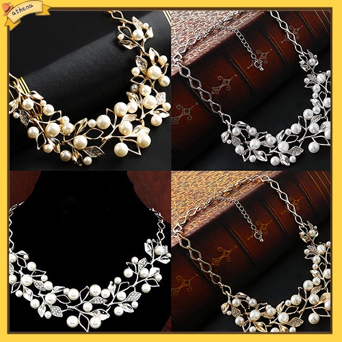 【Athena】เครื่องประดับสร้อยคอโซ่สั้นจี้ใบไม้ hollow เพิร์ลหรูหรา