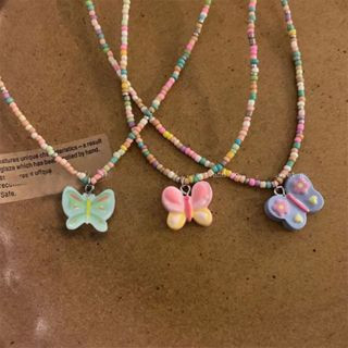 【เงินสดในการจัดส่ง】สร้อยคอลูกปัดหัวใจสีสันสดใส สร้อยคอลูกปัด ลายผีเสื้อ มิลเลนเนียม Y2k