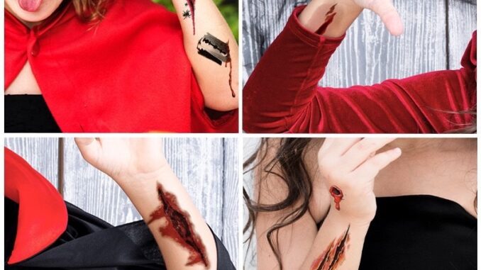 เเผลปลอม รอยสัก รอยเเผลเป็น ลายปากผี ลายเลือด พร๊อพตกเเต่งฮาโลวีนสติ๊กเกอร์เเทททูฮาโลวีน