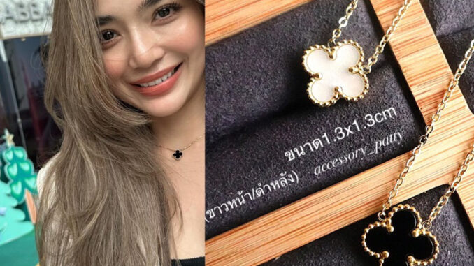 สร้อยคอใบโคลเวอร์ รุ่นN01 ไซต์เล็ก จี้2ด้าน(ดำ+ขาว) ขนาดจี้1.3x1.3cm
