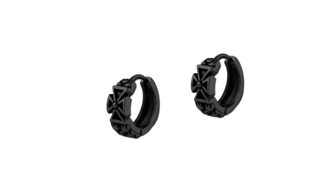 NooYoo ต่างหูสำหรับผิวแพ้ง่าย IRON CROSS Huggies Black PVD Surgical Steel