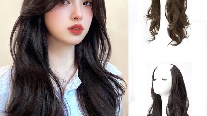 วิกผมหยิกยาว ธรรมชาติ ผู้หญิง สาว ไร้รอยต่อ รูปตัวยู สังเคราะห์ วิกผมฟู ต่อผม 55 ซม.