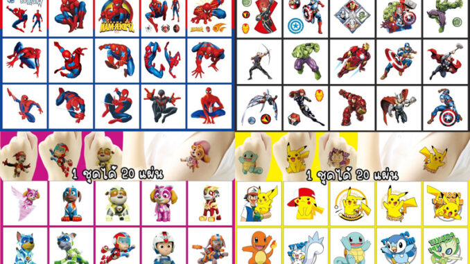 [พร้อมส่ง] TATTOO STICKER  ลายการ์ตูน 1 ชุดได้ 20 แผ่น ขนาด 5*5CM สีคมชัดสวยๆ รุ่นนี้ไม่กันน้ำน้าติดได้ 1-3 วัน