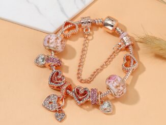 Dinglly โรสโกลด์ พลอยเทียม หัวใจ จี้ดอกไม้ ลูกปัด หัวใจ สร้อยข้อมือ เสน่ห์ สําหรับผู้หญิง ของแท้ คริสตัล กําไลข้อมือ เครื่องประดับ ของขวัญ