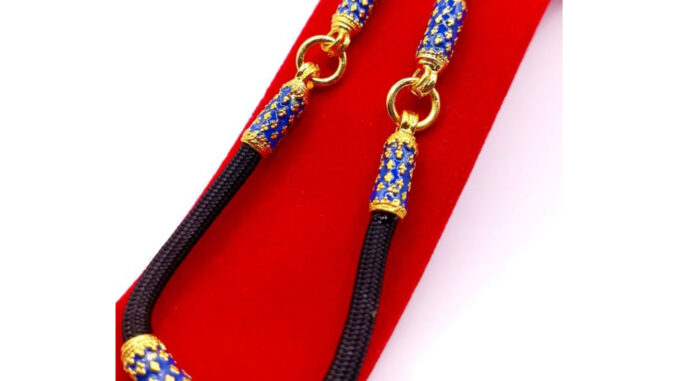 N057 สร้อยคอ สร้อยเชือกร่ม สร้อยห้อยพระ ปล้องโค้ง ลายไทย ลงยา สีน้ำเงิน ขนาด 3 มม. ยาว 24 นิ้ว สร้อยเชือก สร้อยแขวนพระ