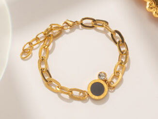 Ht สร้อยข้อมือ เหล็กไทเทเนียม ชุบทอง 18K ประดับเพชร ทรงกลม สีดํา สไตล์โรมัน