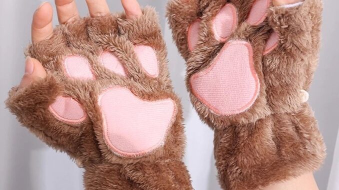 ถุงมือ แต่งขนเฟอร์เทียม แบบครึ่งนิ้ว ลายการ์ตูนอุ้งเท้าแมว แบบหนา สีพื้น แบบสร้างสรรค์
