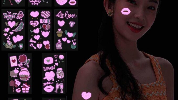 สติกเกอร์รอยสักชั่วคราว แบบเรืองแสง ลายหัวใจ สีชมพู กันน้ํา เหมาะกับวันวาเลนไทน์ แฟชั่นสําหรับผู้หญิง