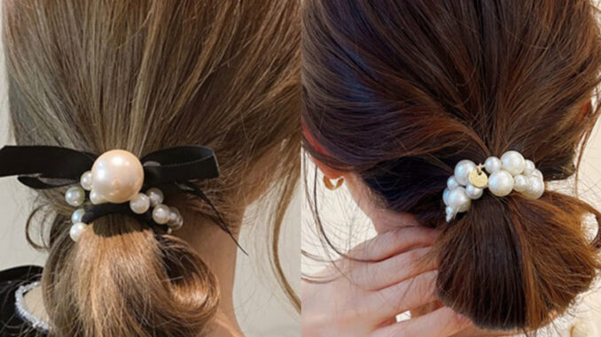 ยางรัดผมมุกโบว์ริบบิ้น Black Pearl Ribbon พร้อมส่งในไมย!!!