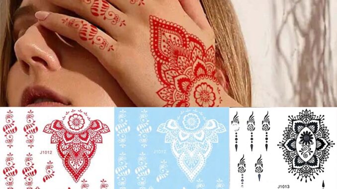 สติกเกอร์รอยสักชั่วคราว กันน้ํา ลายดอกไม้ Mandala Mehndi สีแดง สีขาว สําหรับผู้หญิง งานแต่งงาน งานเทศกาล