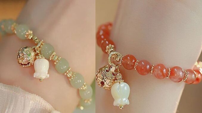 ผู้หญิง แฟชั่น สีแดง อาเกต กล้วยไม้ สร้อยข้อมือ กระดิ่ง จี้ พวงกุญแจ