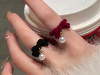 แหวนแฟชั่น ประดับโบว์ ไข่มุก สีแดง ปรับได้ สไตล์เกาหลี สําหรับผู้หญิง