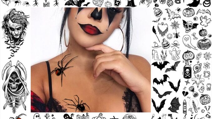 สติกเกอร์รอยสักฮาโลวีนโครงกระดูก Death Scythe Black Bat Tombstone Pumpkin Fake Tattoo กันน้ําได้