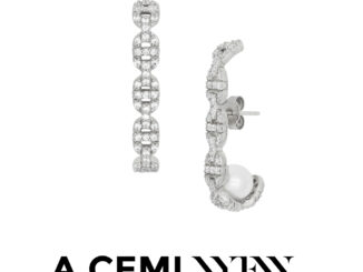 A.CEMI  Chain 1 Pave Pearl Earring ต่างหูมุกแท้ ต่างหูเงินแท้ ชุบทอง 18K โรสโกลว์ ต่างหูดีไซน์
