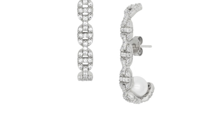 A.CEMI  Chain 1 Pave Pearl Earring ต่างหูมุกแท้ ต่างหูเงินแท้ ชุบทอง 18K โรสโกลว์ ต่างหูดีไซน์