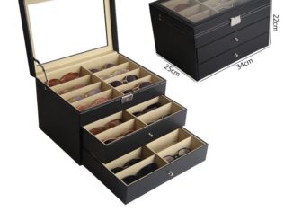 *พร้อมส่ง*กล่องใส่แว่นตา 18 ช่อง 3ชั้น กล่องแว่นตา กล่องเก็บแว่นตา ที่ใส่แว่นตา(PUหนังสีดำ) ชั้นวางแว่นตา 18 ช่อง