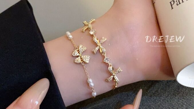 DREJEW สร้อยข้อมือ ประดับโบว์ เพทาย ทอง 18K แฟชั่นเกาหลี มุก ดึงออก หรูหรา และอเนกประสงค์ เครื่องประดับมือ
