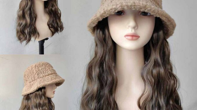 New หมวกวิกผมสั้นสีกากี ผมหยิก สีน้ำตาลเย็น 30cm ขนดก น่ารักมาก แบบเย็บติดหมวก ถอดไม่ได้