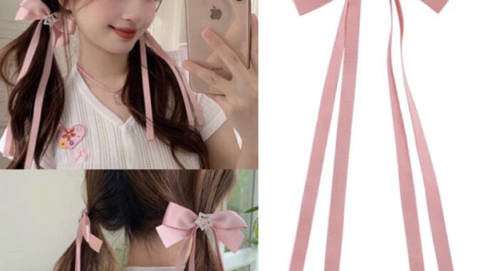 Jolie Wiwii (สินค้าพร้อมส่ง) กิ๊บติดผม โบว์หางยาวสีชมพู ประดับเพชรรูปดาว