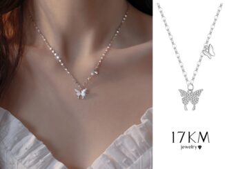 สร้อยคอโชคเกอร์ โซ่เงิน ประดับคริสตัล รูปผีเสื้อ ยาว 17 กม. เครื่องประดับ สําหรับผู้หญิง