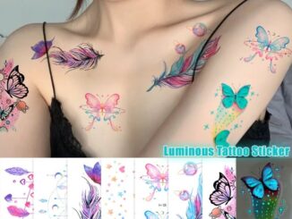 สติกเกอร์รอยสักชั่วคราว ลายขนนก ผีเสื้อเรืองแสง กันน้ํา สีฟ้า สําหรับตกแต่งร่างกาย