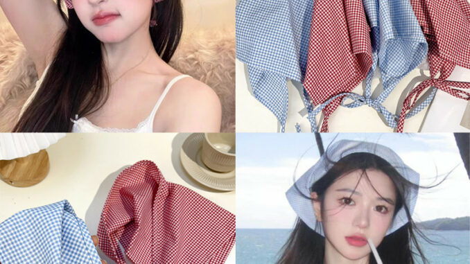 ผ้าพันคอ ผ้าคาดศีรษะ ทรงสามเหลี่ยม ผ้าตาข่าย สีแดง สีฟ้า สไตล์ฝรั่งเศส เหมาะกับฤดูใบไม้ผลิ และฤดูร้อน สําหรับผู้หญิง