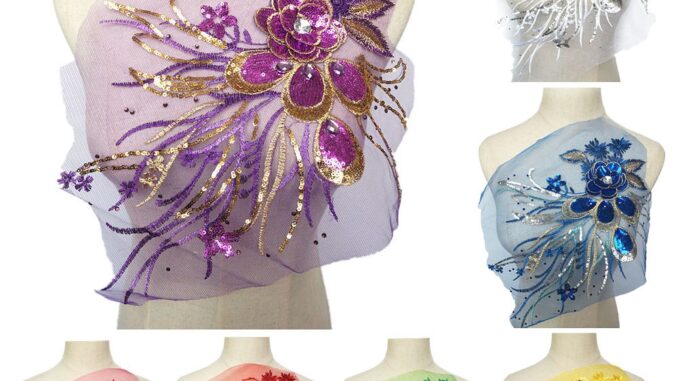 เย็บปักถักร้อยเลื่อมขนนกยูง Applique Rhinestone ดอกไม้ปกแพทช์ชุดแต่งงานงานฝีมือ DIY