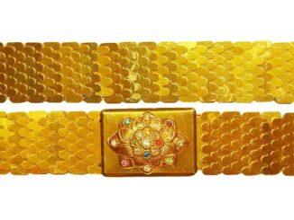 เข็มขัดสีทอง เข็มขัดนางรำ เครื่องประดับชุดไทย[ก่อนยืด24นิ้วยืดได้36นิ้ว]