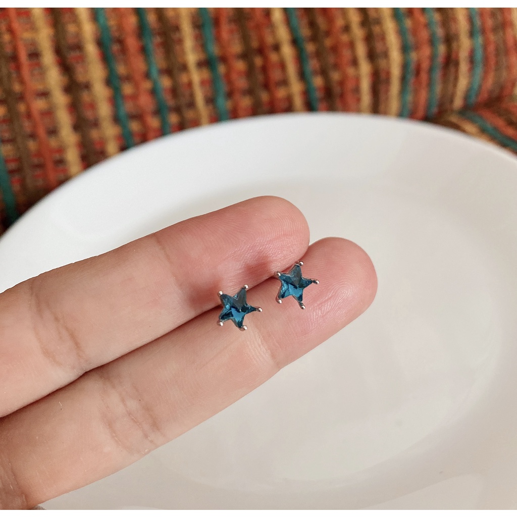 134-goodgift_station - Blue diamond star earrings S925 ต่างหูเงินแท้ แบบเจาะรูปดาวสีน้ำเงิน