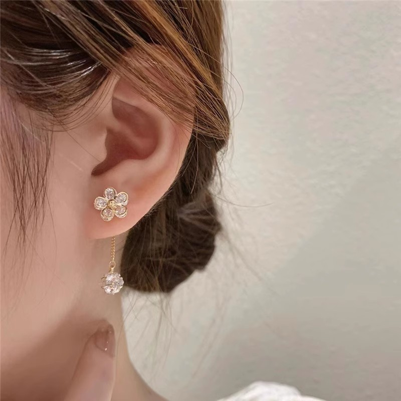 (3Lshop) ต่างหูเพทาย พู่ ดอกไม้ สไตล์เกาหลี เครื่องประดับแฟชั่น สําหรับผู้หญิง