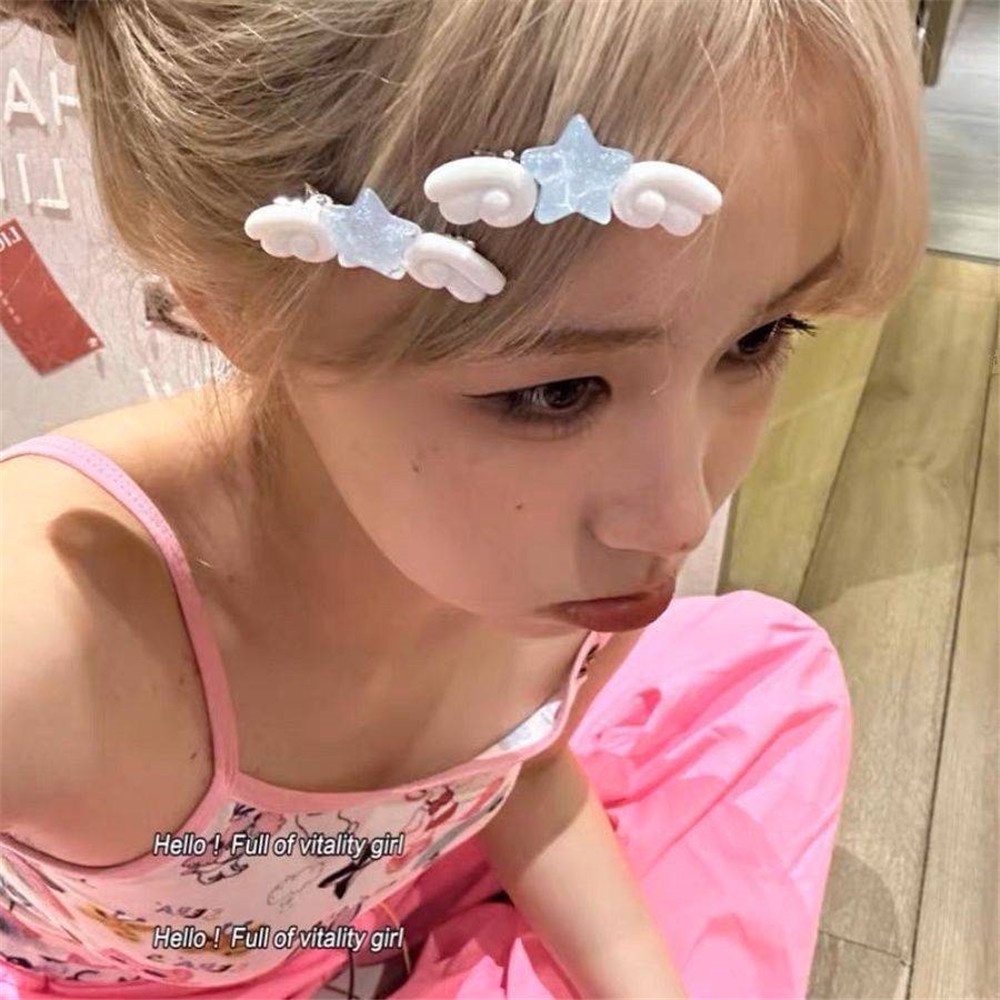 A HELLO GIRL กิ๊บติดผม ลายการ์ตูนปีกดาวน่ารัก สีชมพู สีฟ้า สีชมพู สําหรับเด็กผู้หญิง