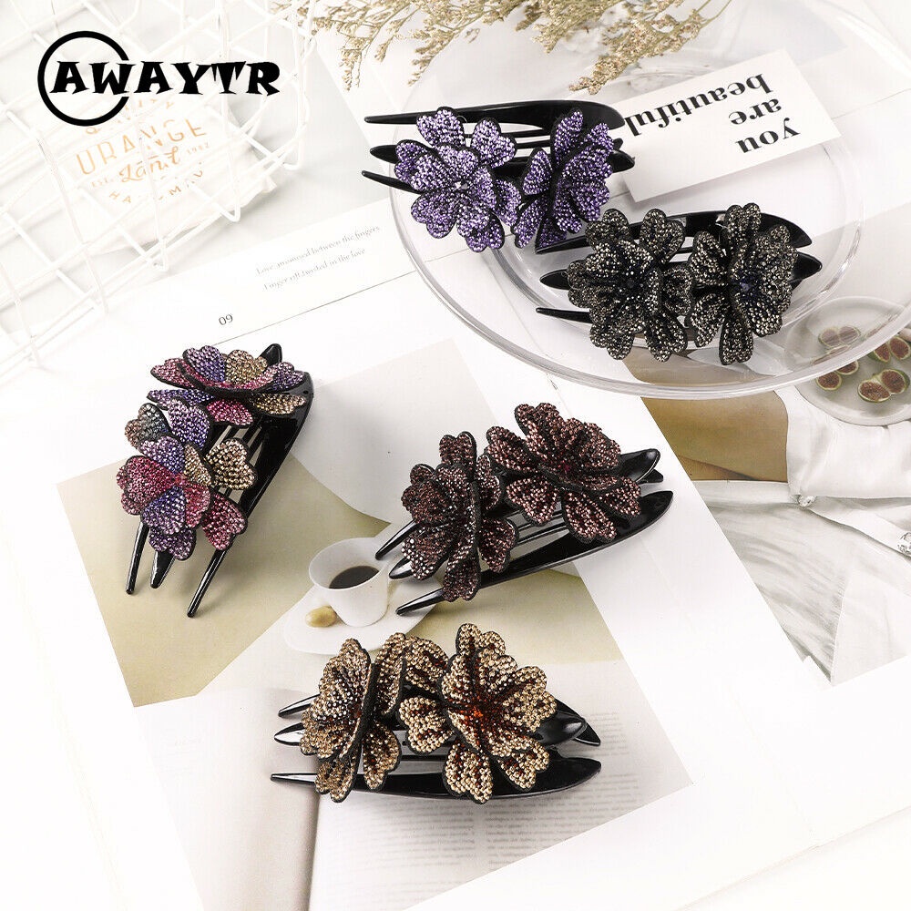 Awaytr กิ๊บติดผมหางม้า พลอยเทียม ดอกไม้คู่ เครื่องประดับผม หรูหรา สําหรับผู้หญิง