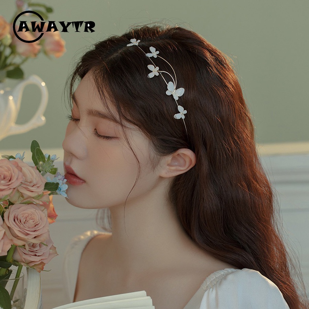 Awaytr ที่คาดผม โลหะผสม ประดับไข่มุก ผีเสื้อ เครื่องประดับ แฟชั่นใหม่ สําหรับผู้หญิง