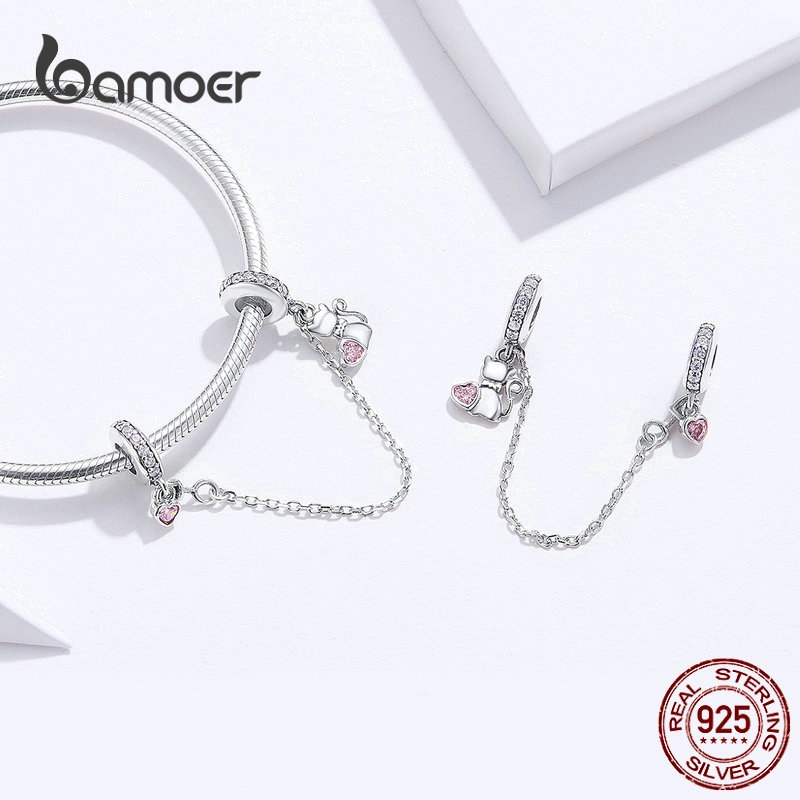 BAMOER 925 Sterling Silver Cat Heart Safety Chain with Silicone Charm