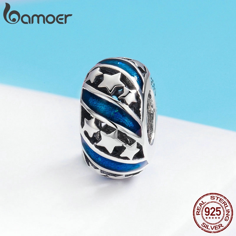BAMOER Spacer Beads fit Women Bracelet Bangles DIY Genuine 925 Sterling Silver Sparkling Star Blue Enamel SCC636