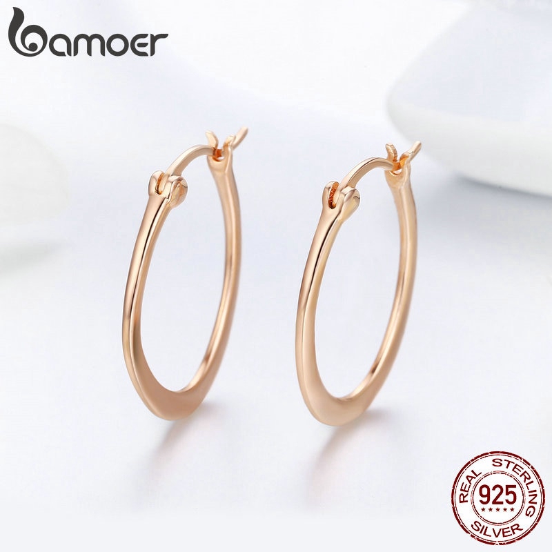 BAMOER ต่างหูห่วงเงินแท้ สีโรสโกลด์ เรียบง่าย