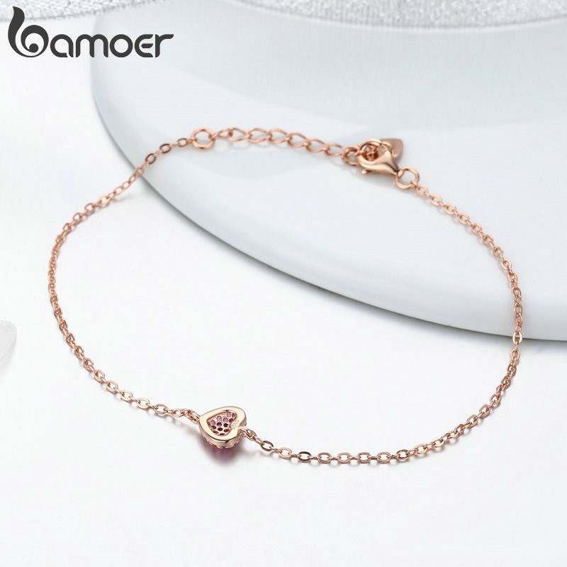 BAMOER สร้อยข้อมือ ปรับระดับได้ เเต่งจี้หัวใจ สีโรสโกลด์ ขนาด 22 ซม. สำหรับผู้หญิง