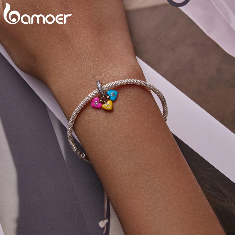 Bamoer จี้เงิน 925 รูปหัวใจ สีรุ้ง แฟชั่น สําหรับสร้อยข้อมือ Diy SCC2200