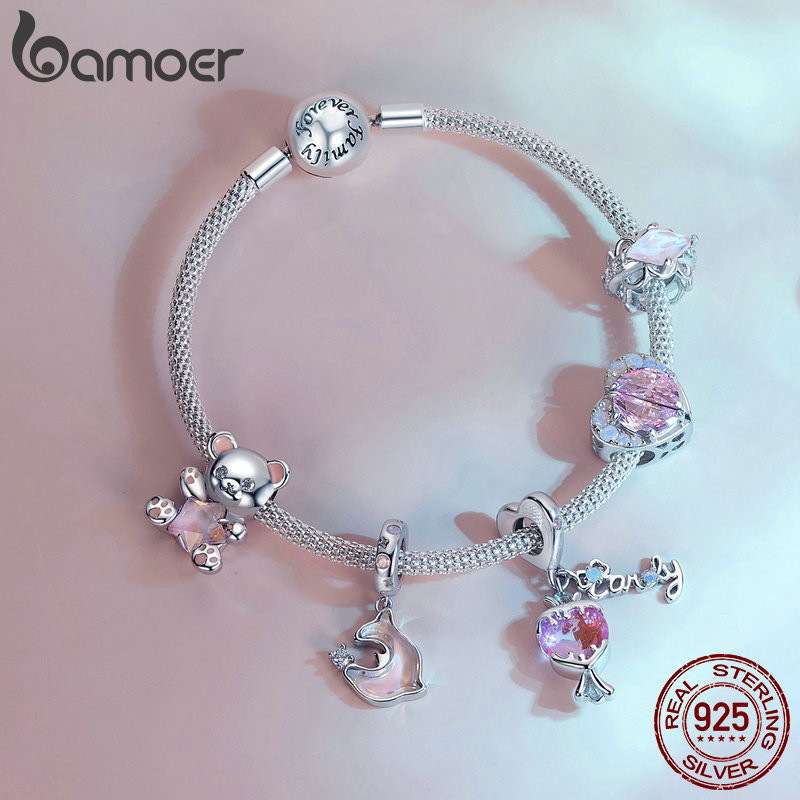 Bamoer สร้อยข้อมือ เงินแท้ 925 จี้รูปดาว หัวใจ สีชมพู เครื่องประดับ สําหรับผู้หญิง คู่รัก DIY