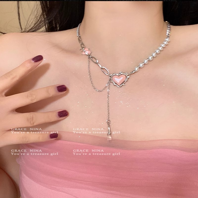 COD-ในไทย สร้อยคอ จี้ลายหัวใจมุก สีชมพู y2kสไตล์เกาหลี นักเรียนสำหรับผู้หญิง-Krismile.th