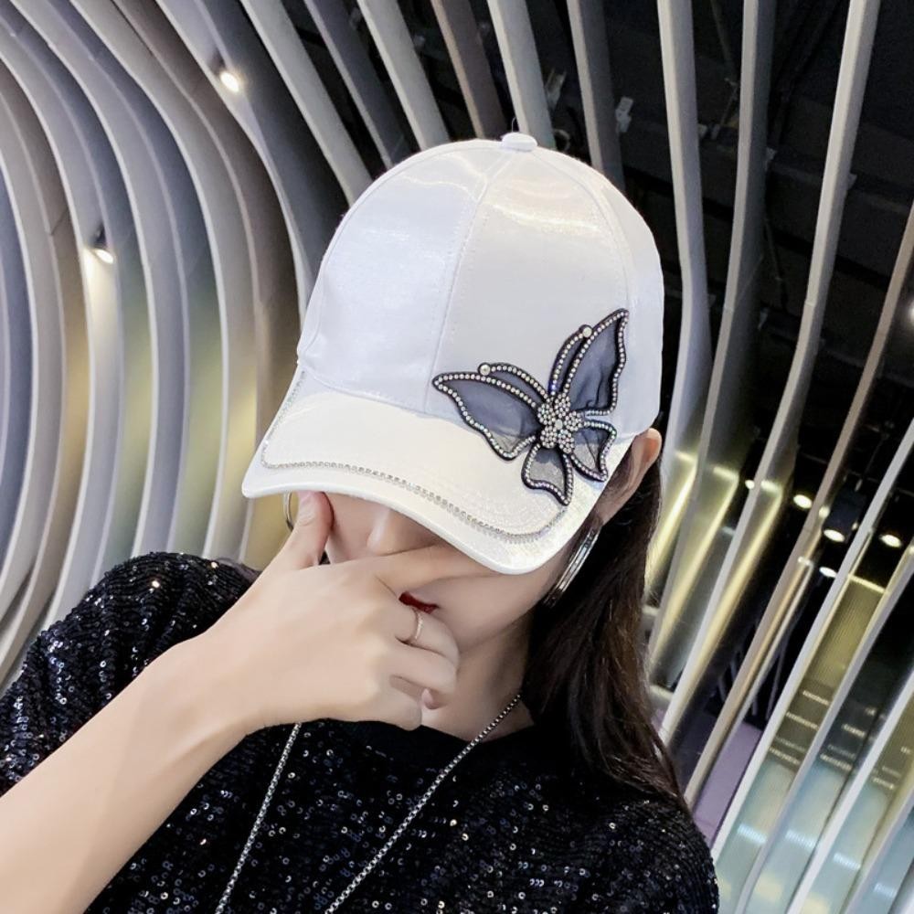 Camelli หมวกเบสบอล ลายผีเสื้อ ประดับเพชร ปรับขนาดได้ กันแสงแดด สไตล์ฮิปฮอป โฟร์ซีซั่น