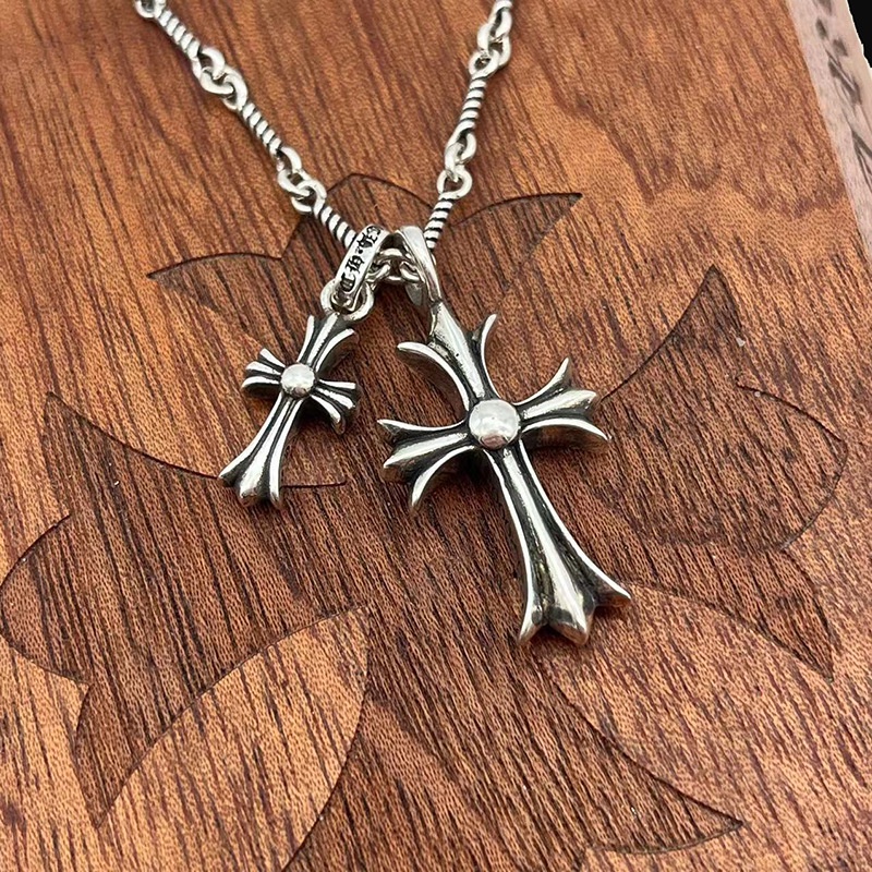 Chrome HEARTS สร้อยคอเงินสเตอร์ลิง 925 จี้ไม้กางเขนคู่ หรูหรา สไตล์พังก์ วินเทจ