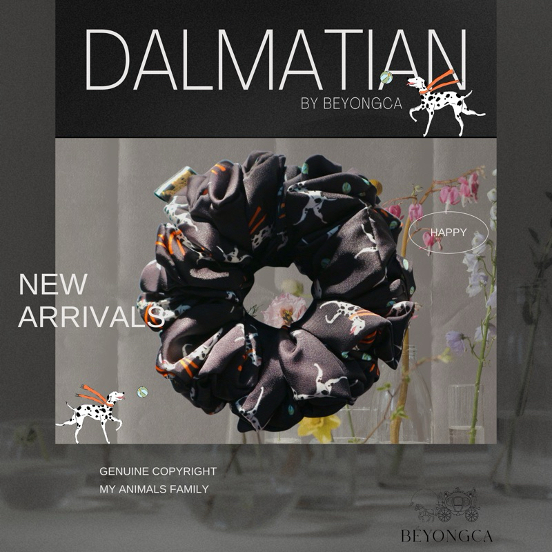 DALMATIAN HAPPY ( C ) ลายลิขสิทธิ์เฉพาะที่ BEYONGCA ผ้าซาตินพรีเมี่ยม SCRUNCHIES RUBBER BRAND หนังยางมัดผม ยางรัดผม