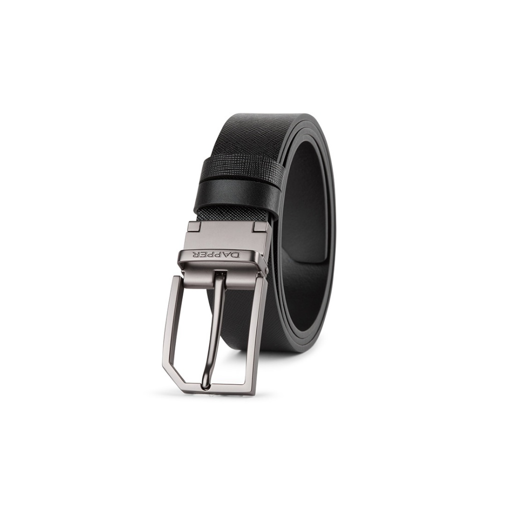 DAPPER เข็มขัดหนังแท้ Snip Corner Rectangle Pin Buckle Belt แบบใส่ได้ 2 ด้าน สีดำ (BBCB1/1286PN)