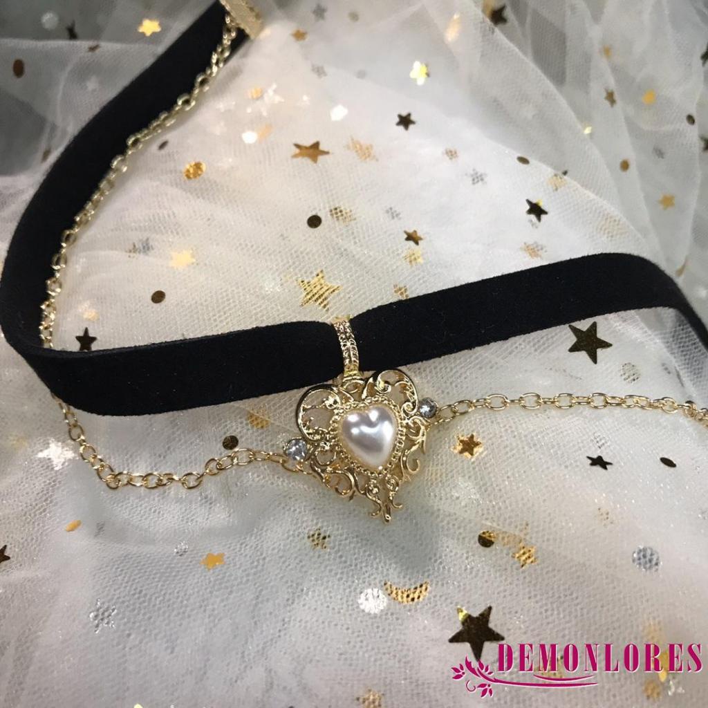 Demq- สร้อยคอกํามะหยี่ จี้หัวใจ ประดับมุก สีทอง ปรับได้ สไตล์วินเทจ สําหรับผู้หญิง
